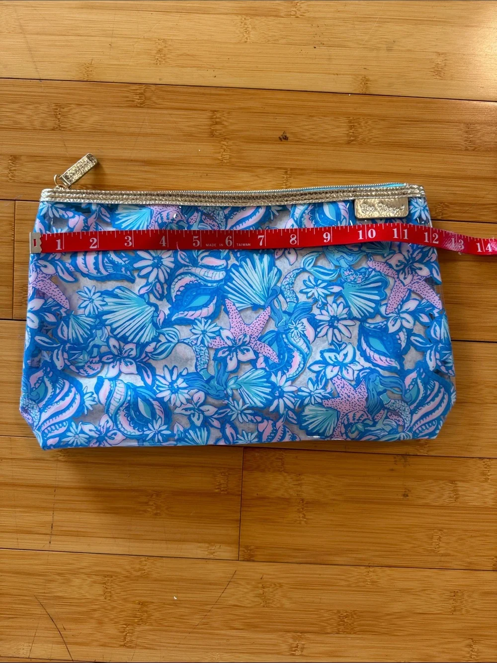 Lilly Pulitzer Blue & Pink Tropical Floral Cosmetic Pouch with Gold Trim